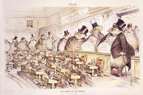 The Bosses of the Senate, corporate money bags looming over senators, cartoon by Joseph Keppler in Puck, 1889, courtesy of Wikipedia