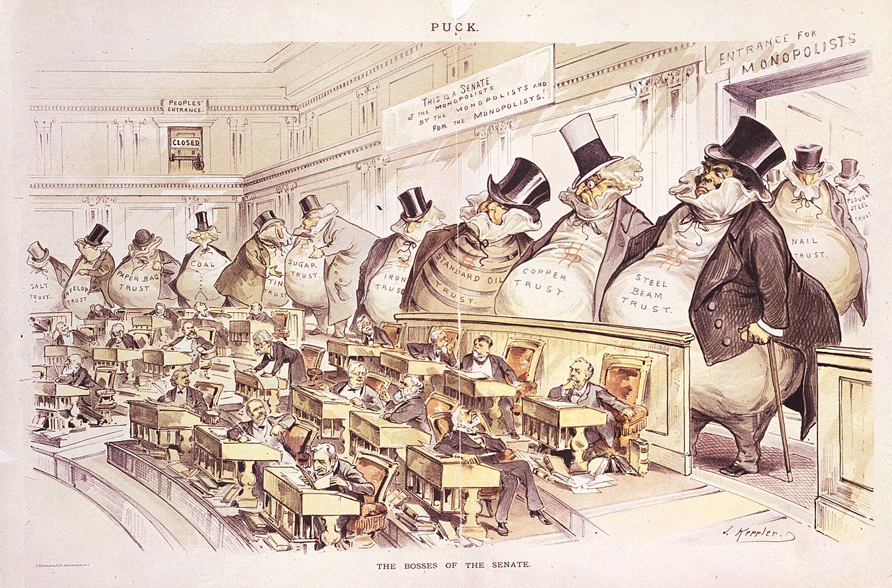 The Bosses of the Senate, corporate money bags looming over senators, cartoon by Joseph Keppler in Puck, 1889, courtesy of Wikipedia