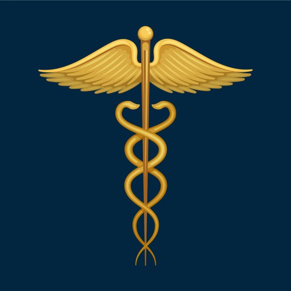 Golden caduceus, the symbol for medicine.