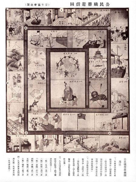 A design for a citizenship education board game, published in Liangyou on 1927-06-30. It is played by a group of children. Each takes a turn rolling a six-sided dice. A one indicates being selfish, and the player's token must move one step back. Two indicates corruption, and the player token moves three steps back. Three means one is exercising due diligence, and no movement is made. Four means showing patriotism, which is rewarded with one step forward. Five shows service to one's country, allowing two steps forward. A six is a worthy sacrifice, allowing three steps forward. Image courtesy of Wikipedia.