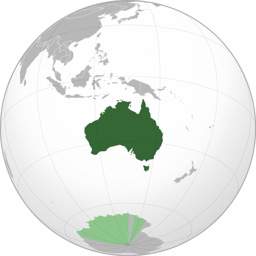 Orthographic projection map of world showing Australia at its center.