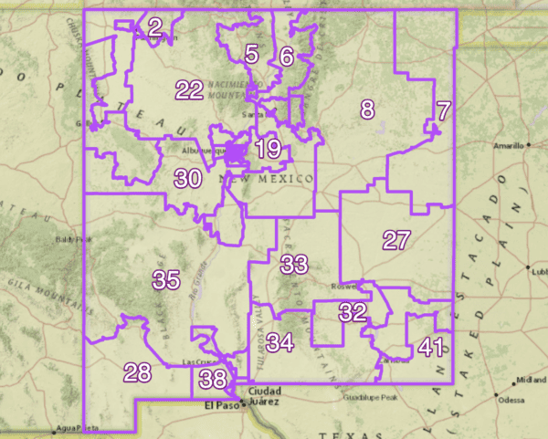 Map of New Mexico Senate districts as redrawn in 22022