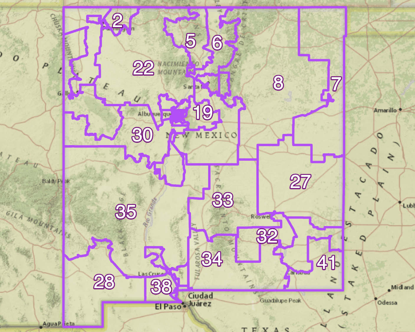 Map of New Mexico Senate districts as redrawn in 22022