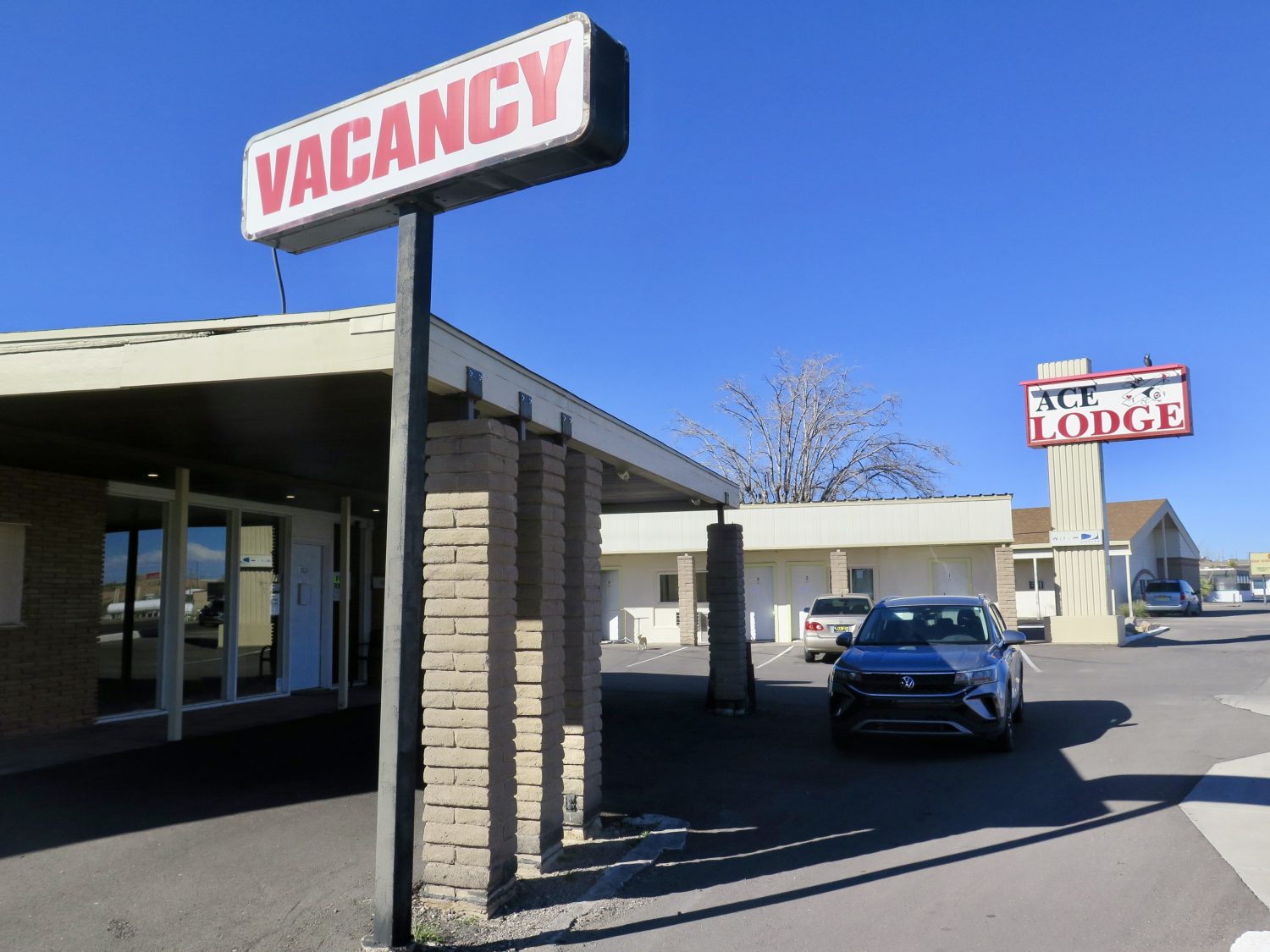 The photo shows the exterior of the Ace Lodge.