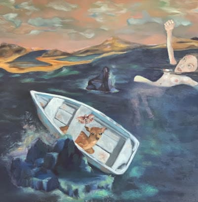 Woman in heaving sea looks and gestures heavenward; nearby is an open skiff with a fawn and moth as passengers, which has crashed against rocks.