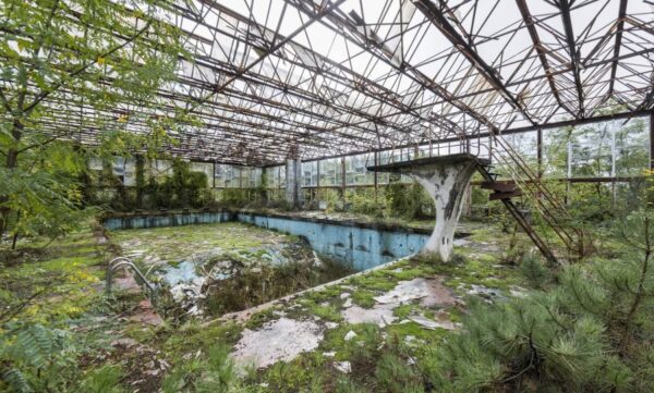 photo of abandoned swimming pool returning to nature
