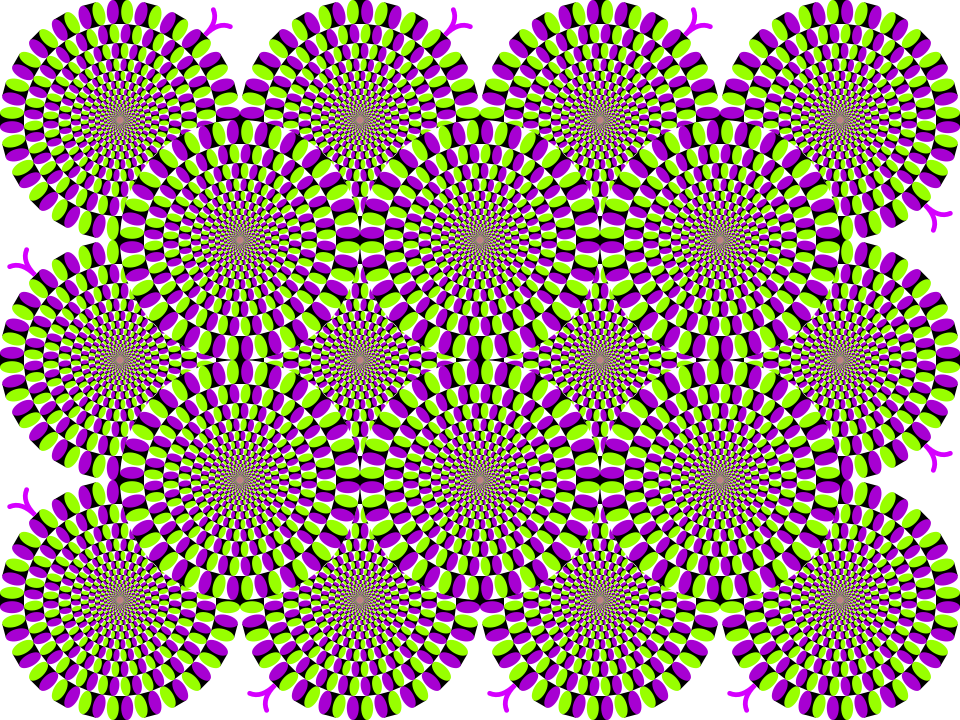Rotating snakes famous motion optical illusion revealed by Akiyoshi Kitaoka, image courtesy of Wikimedia