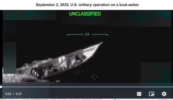 Clip from the President's posting of a video showing an open motor-launch before being destroyed by a US Navy drone fired missile.