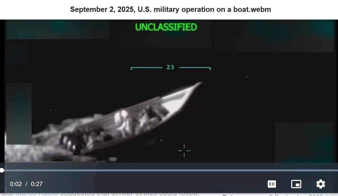 Clip from the President's posting of a video showing an open motor-launch before being destroyed by a US Navy drone fired missile.