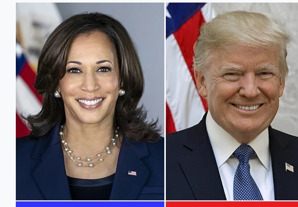 Official portraits of Vice-President Kamala Harris and former President Donald Trump.