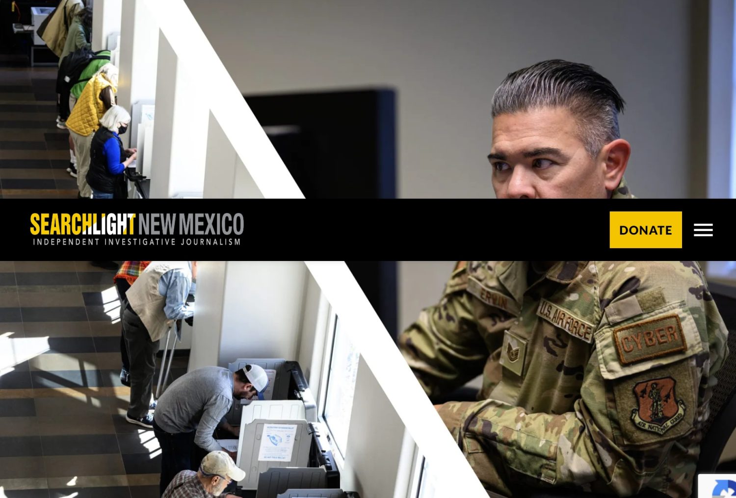 On left, voters in early voting; on right, military observer watching computer screen