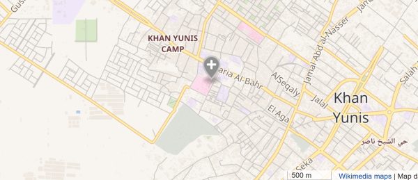 Street map of Khan Younis, Gaza, showing location of Nasser Medical Complex.