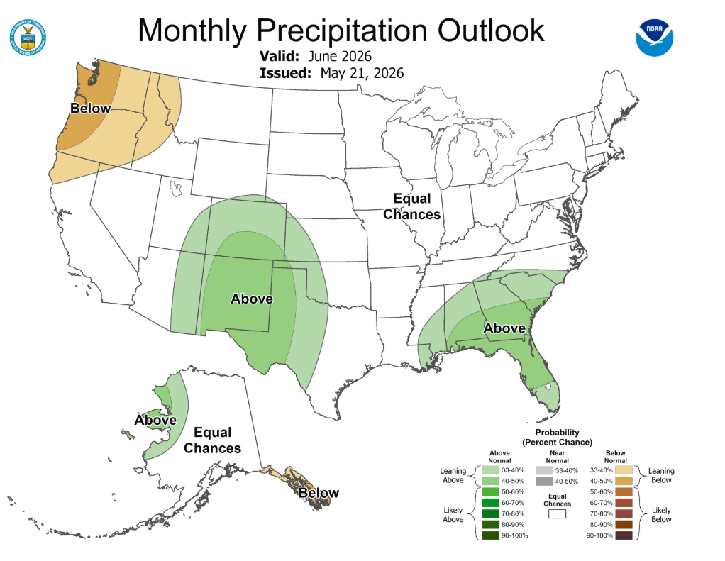 NOAA's June 2026 weather outlook map shows precipitation has a chance of being above normal in New Mexico.