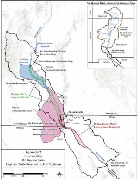 Map of Rio Grande Basin, Appendix 2 of Compact Decree in Fourth Interim Report of the Water Master in Supreme Court Case No. 141, Original, Texas v. New Mexico and Colorado.