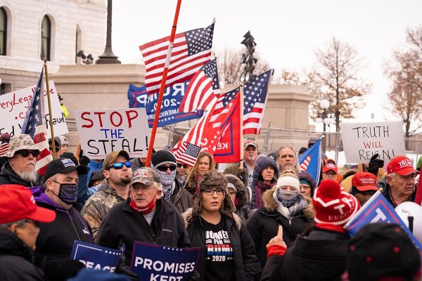 Photo by Chad Davis of supporters of Donald Trump at the Minnesota State Capitol in Saint Paul, Minnesota at a Stop the Steal rally on November 14, 2020. Image courtesy of Wikipedia.