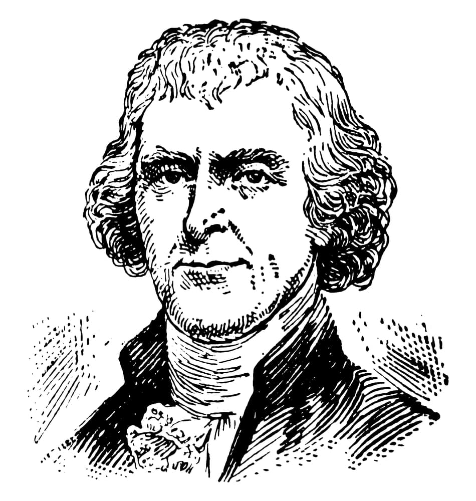 A bust of Thomas Jefferson in a black and white print is pictured.