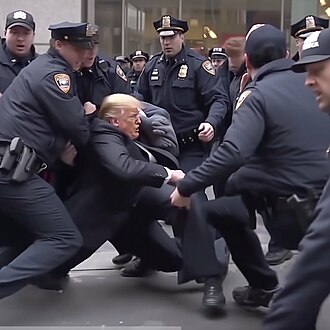 Fake image of Trump being arrested created by journalist Eliot Higgins April 2023 that went viral on twitter, courtesy of Wikipedia