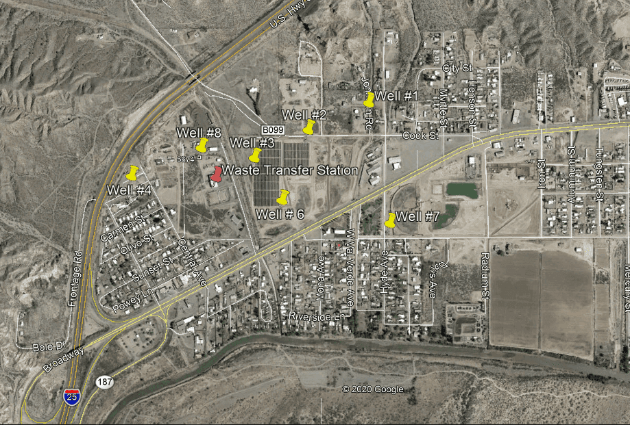 Map of T or C's well field on the south side of town, put together with pinned well locations by Ron Fenn