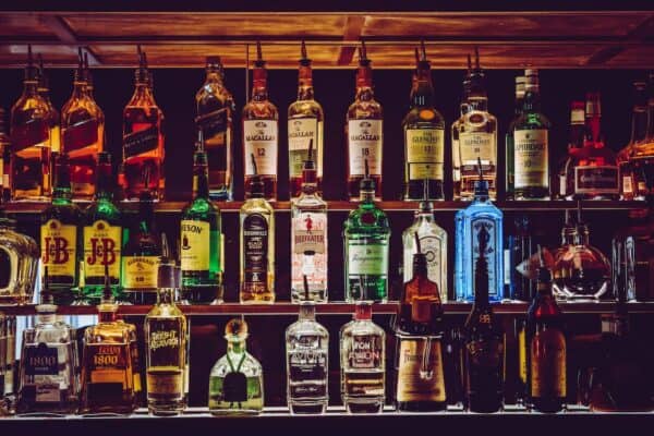 bar shelves with alcohol bottles