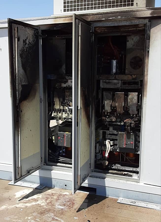 Inverter fire at the solar farm,  photo taken May 12, 2023 by Ron Fenn