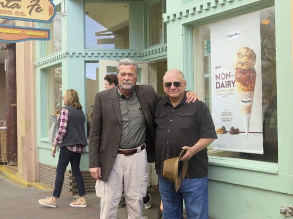 The Häagen-Daz shop at 56 E. San Francisco St., where Zook’s Drug Store was located, has been a stop for espionage scholars visiting Santa Fe ever since a guide suggested it was a safe house set up by Josif Grigulevich. The guy on the left didn’t want to be identified because his wife worked for the CIA museum in Langley, Va. On the right is H. Keith Melton who owns the ice axe or adze used to kill Leon Trotsky, now on loan to the International Spy Museum in Washington, D.C. Photo by Tom Sharpe