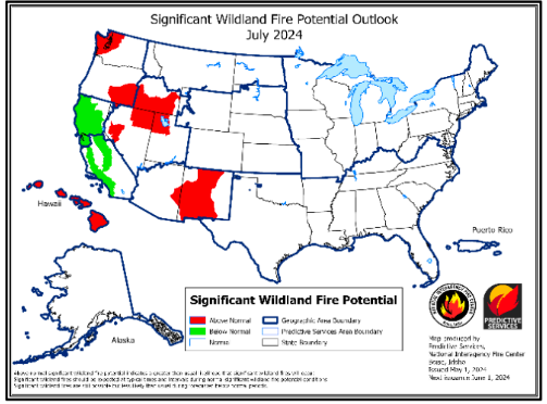 U.S. wildland fire potential map for July 2024