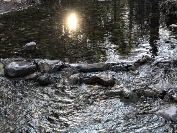 reflection of the Sun on Percha creek cascading down.
